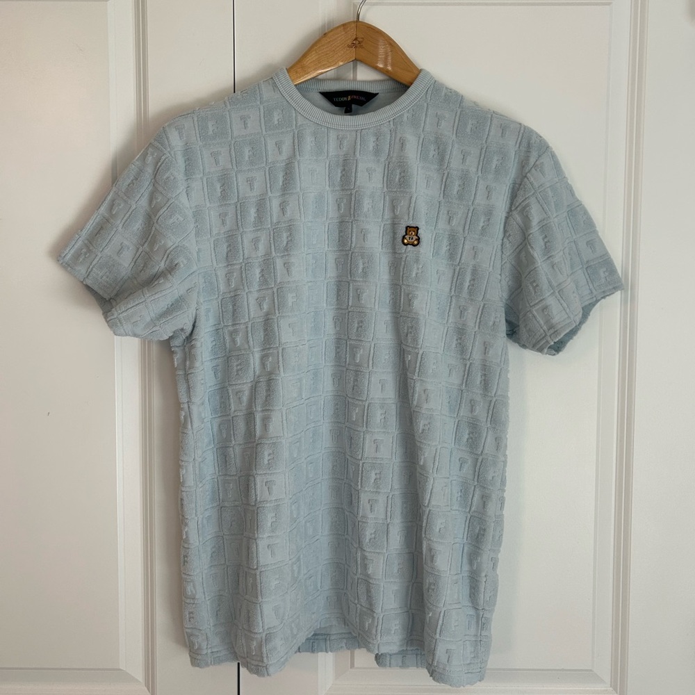 Teddy Fresh Jacquard Terry Cloth Baby Blue T-Shirt Short Sleeve Men's Size S EUC